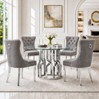 47.2" Round Glass Dining Table Set for 4, 5-Pieces Round Dining Table set, 0.31" Clear Tempered Glass Dining Table set for Kitchen, Dining Room, Apartment