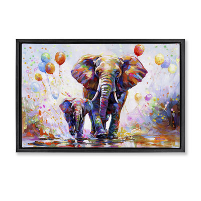 Éléphants et ballons, toile encadrée noire par Leon Devenice