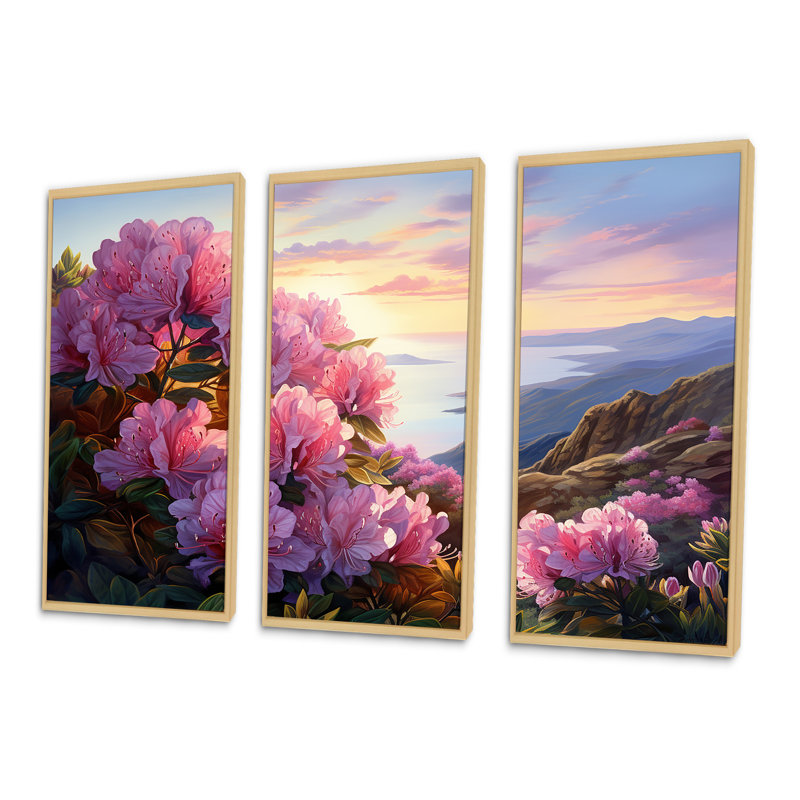 Ensemble de salon d'art mural Rhododendron, H 40 po x l 60 po x P 1 po, Cadre naturel flottant