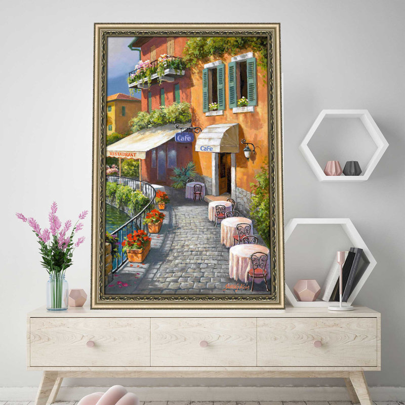 Seaside Bistro Café II par Sung Kim - Peinture, H 27,5 po x l 21,5 po x P 0,75 po, Encadrement champagne