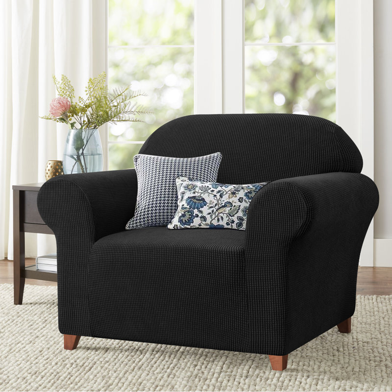 1-Piece Jacquard Stretch Couch Covers, Polyester Spandex Sofa Slipcovers, Universal Fit Living Room Machine Washable Furniture Protector for Dogs Pets, Non-Slip Sofa Covers for 1 Cushion Couch (Armchair, Black)