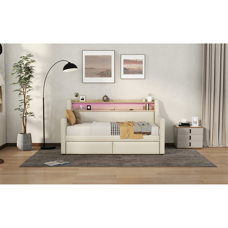 Lit de jour simple beige avec options de rangement, lumières à DEL et douille pour station de charge, décoration de revêtement