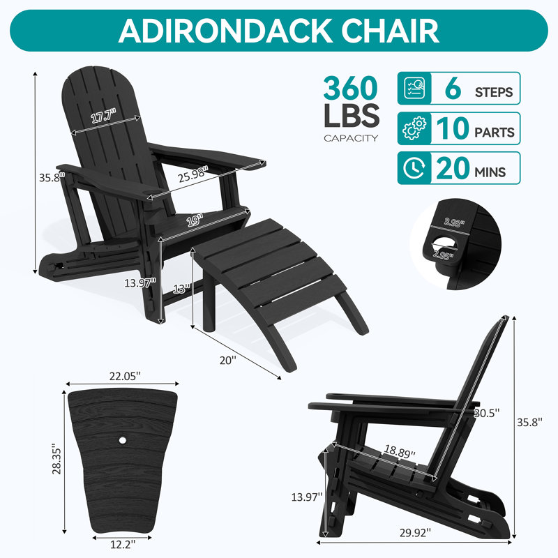  2-Person Outdoor Adirondack Chair with Ottoman, Black