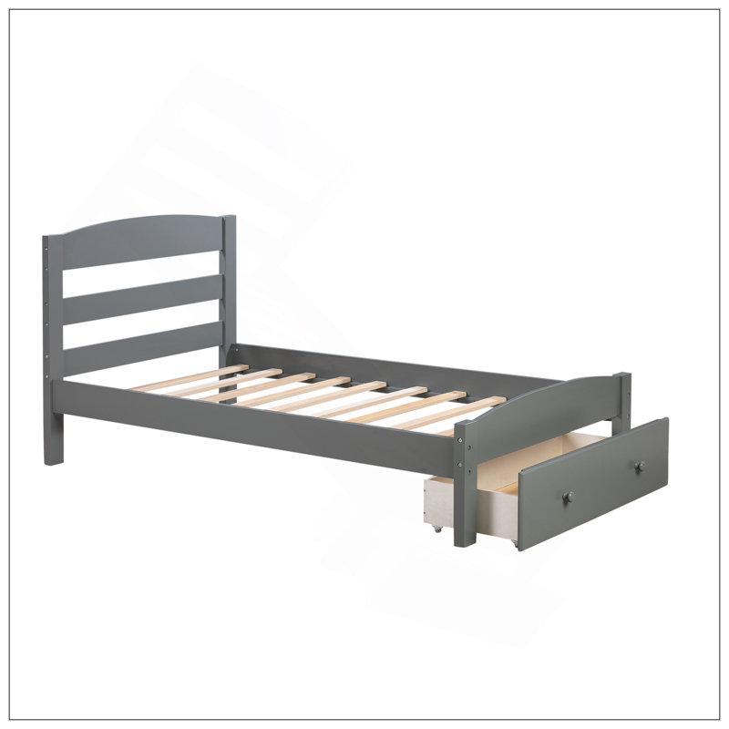 Structure de lit plateforme simple avec tiroir de rangement et support en lattes de bois sans sommier, gris