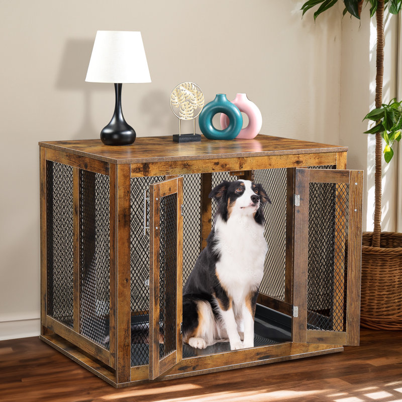 38.6" Stylish Dual-Function Rustic Wooden Dog Crate & End Table – Pet-Friendly Furniture with Chew-Resistant Design