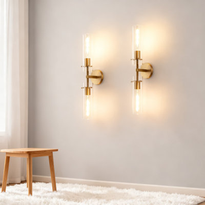 2-Light Dual-Head Wall Sconce Set Of Two, Brass Vanity Lamp With Clear Glass Tubes, Bathroom Mirror Lighting For Living Room Bedroom Hallway Kitchen