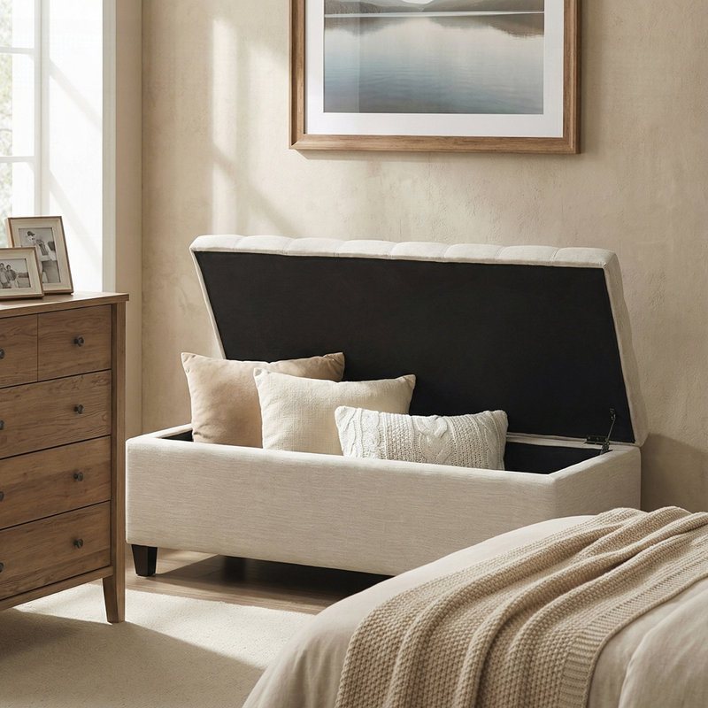 Upholstered Storage Ottoman Bench, Entryway or Bed End Seating with 300lbs Capacity and Hidden Storage, Beige