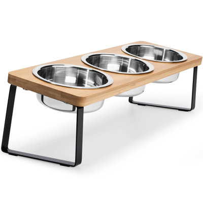 15° Tilted Raised Cat Bowl Set – 3-Piece Stainless Steel Anti-Vomit Feeding Station with Bamboo Stand for Cats, Kittens & Small Pets