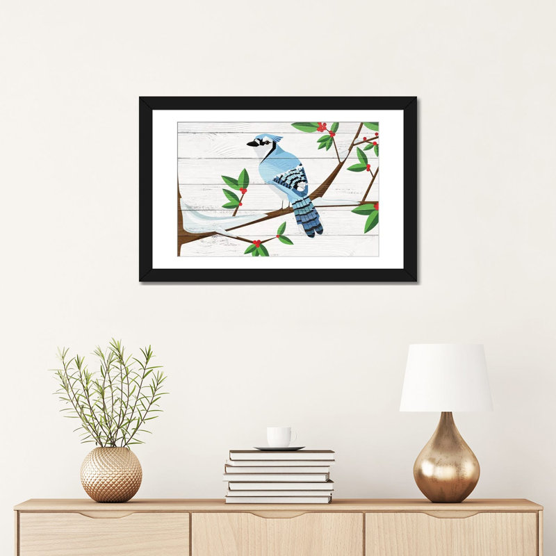 «Berry Blue Jay» par 5by5collective, impression sur toile tendue, Papier d'art encadré noir, Blanc