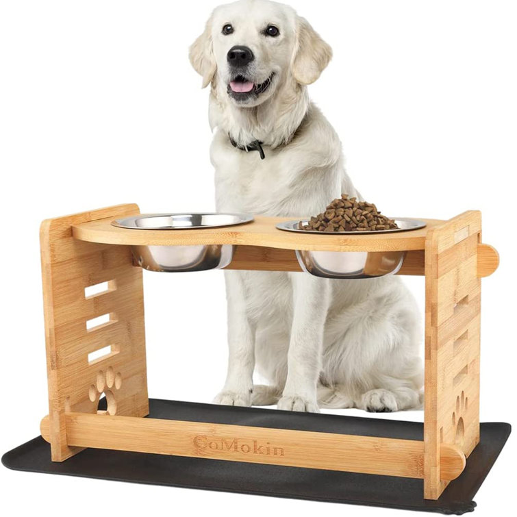 ASEWOTOS Elavated Dog Bowls,Bamboo Adjustable Elevated Dog Bowl