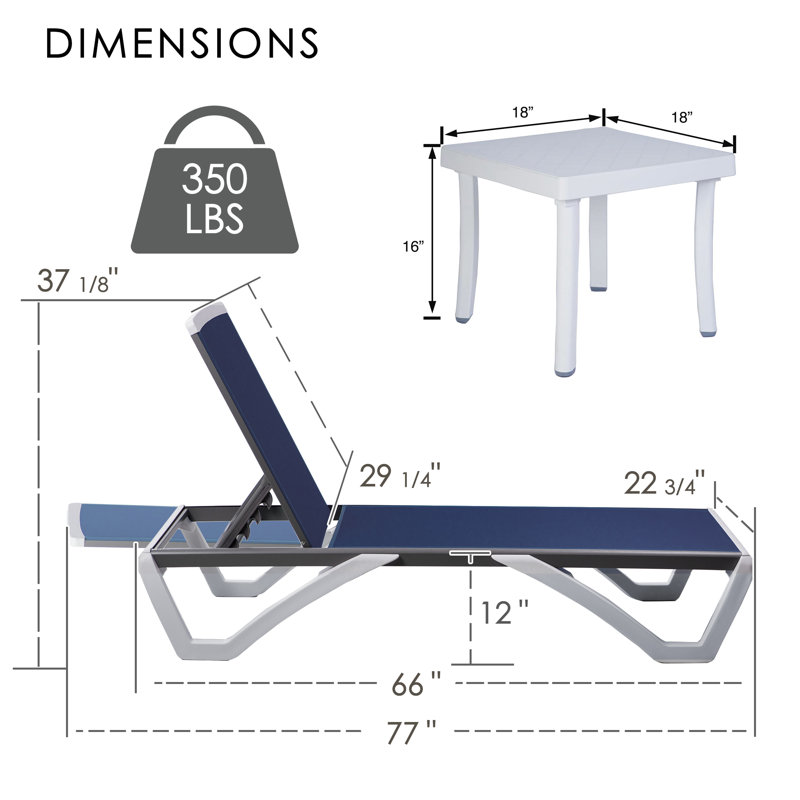 Méridienne d'extérieur Kozyard, méridienne ajustable à plat avec structure en aluminium et pieds en résine, tissu textilène pour la piscine, la cour et la plage (bleu marine, avec table) 