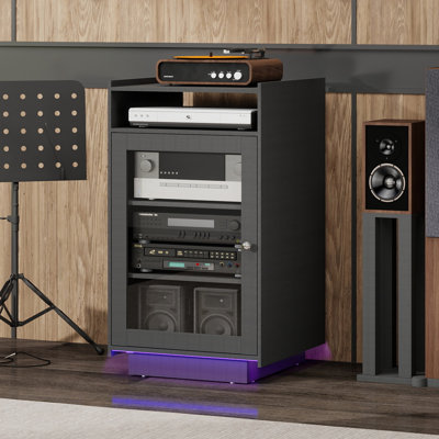 Media Cabinet With Tempered Glass Door, 5-Tier Stereo Cabinet With Adjustable Shelves, Media Stand With LED Light, AV Rack With Cable Management For Meeting, Living, Recording Room
