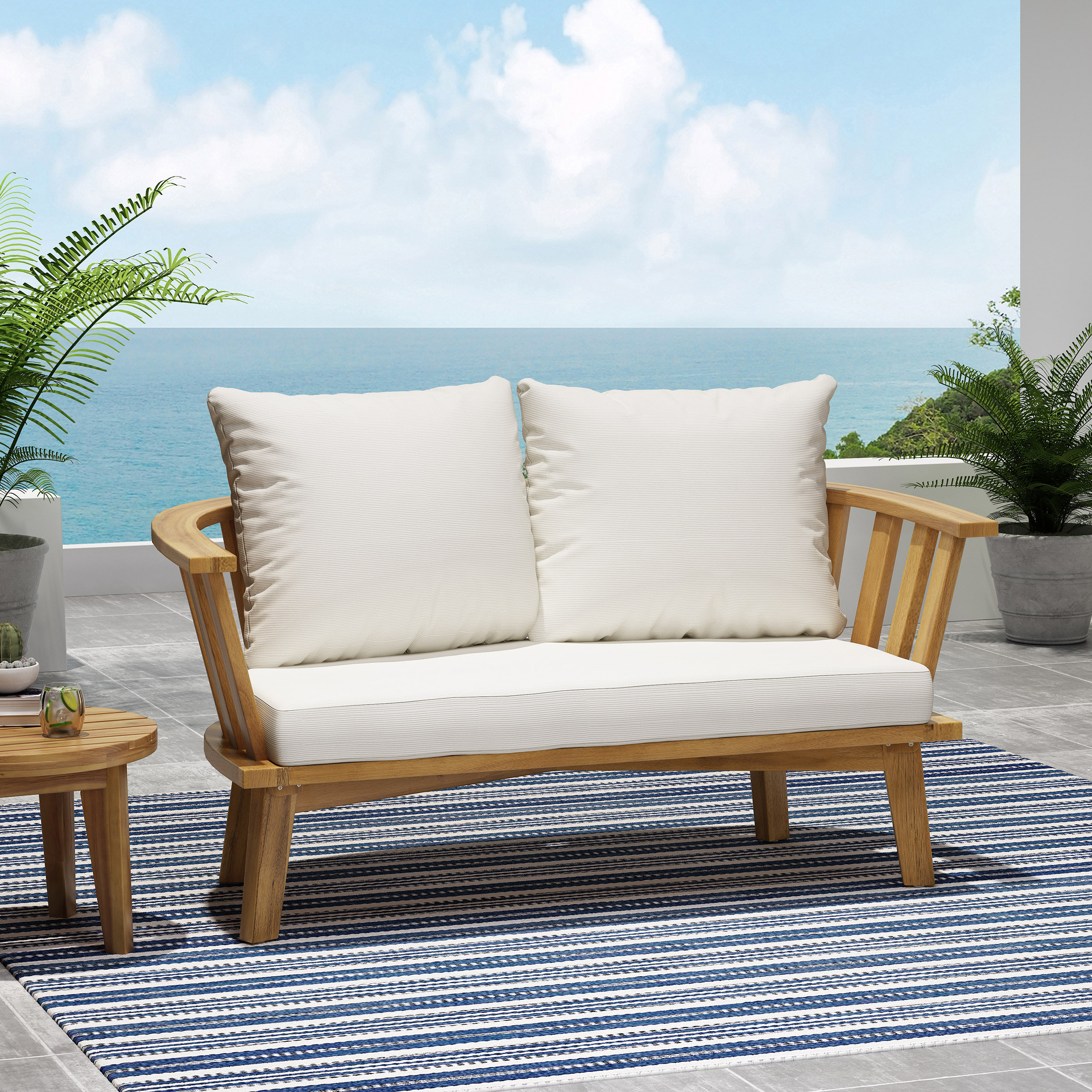 Rosecliff Heights Outdoor Wooden Loveseat With Cushions & Reviews | Wayfair