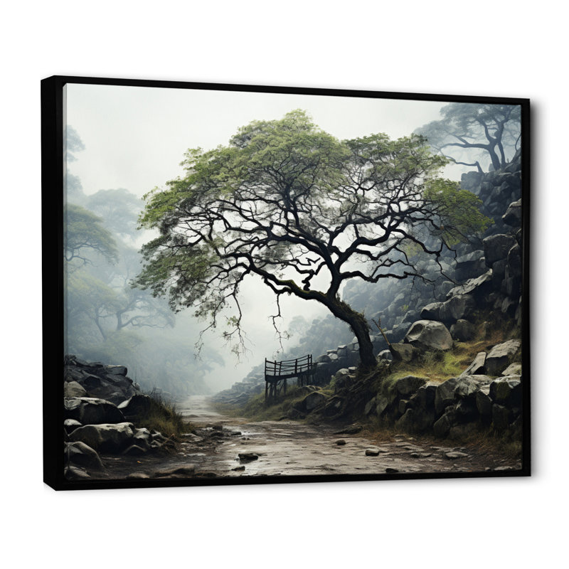 Arbre vert, élégance monochrome sur toile, Cadre flottant noir, H 24 po x l 32 po x P 1 po