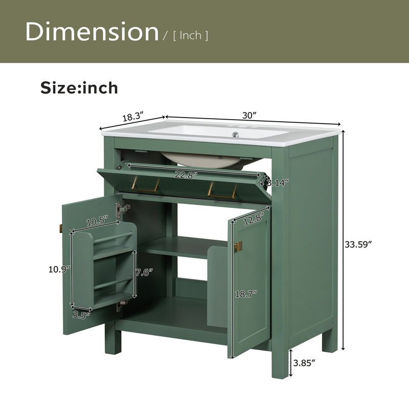 30-Inch Bathroom Vanity With Ceramic Sink, Green/Gold