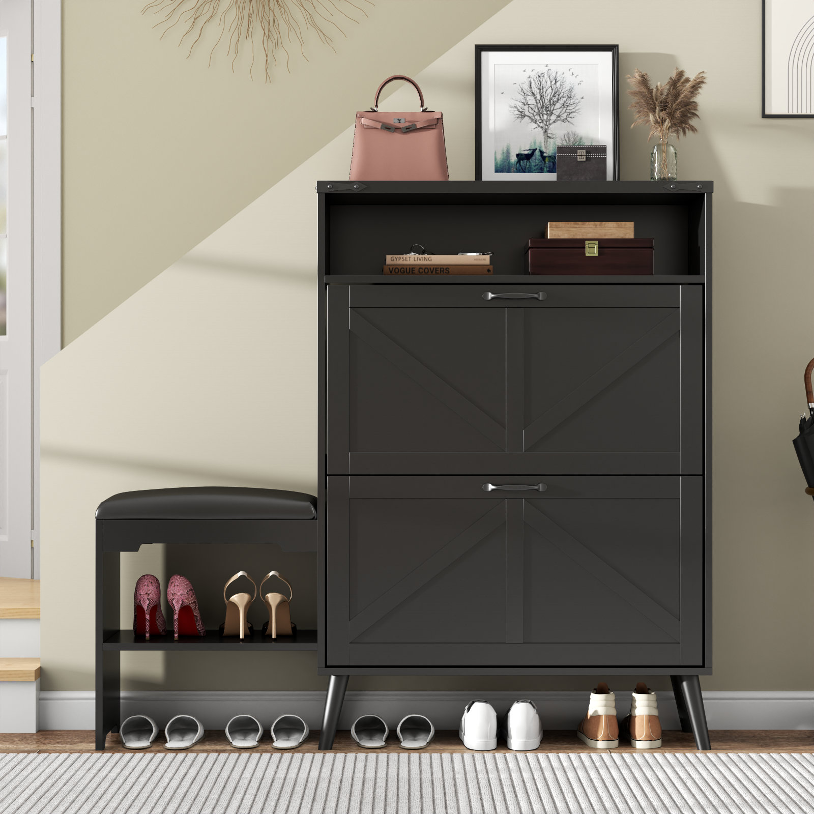 Small Cabinet LEVNARY Shoe Storage Cabinet With Flip Drawers