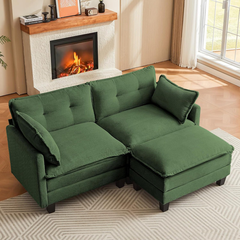 Modular Sectional Sofa, 76.5" L-Shaped Corduroy Comfy Sectional Couches For Living Room, 2-Seater Cloud Couches With 1 Movable Ottoman, Flexible Combination Modern Deep Seat Sofa (Green)