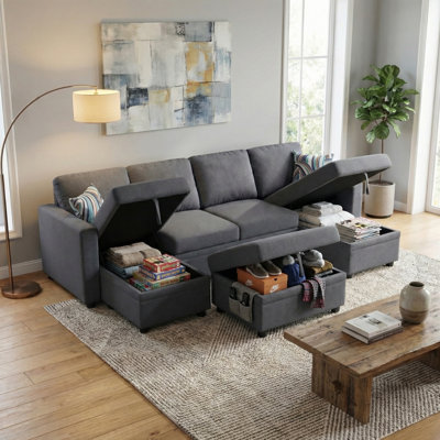Dark Grey Sackcloth 6-Pieces Living Room Sofa Bed