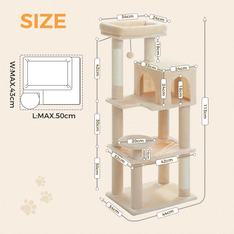 Tour pour chat d'intérieur à 5 niveaux avec hamac en métal, condo pour chat avec perchoir supérieur et 4 poteaux à griffer
