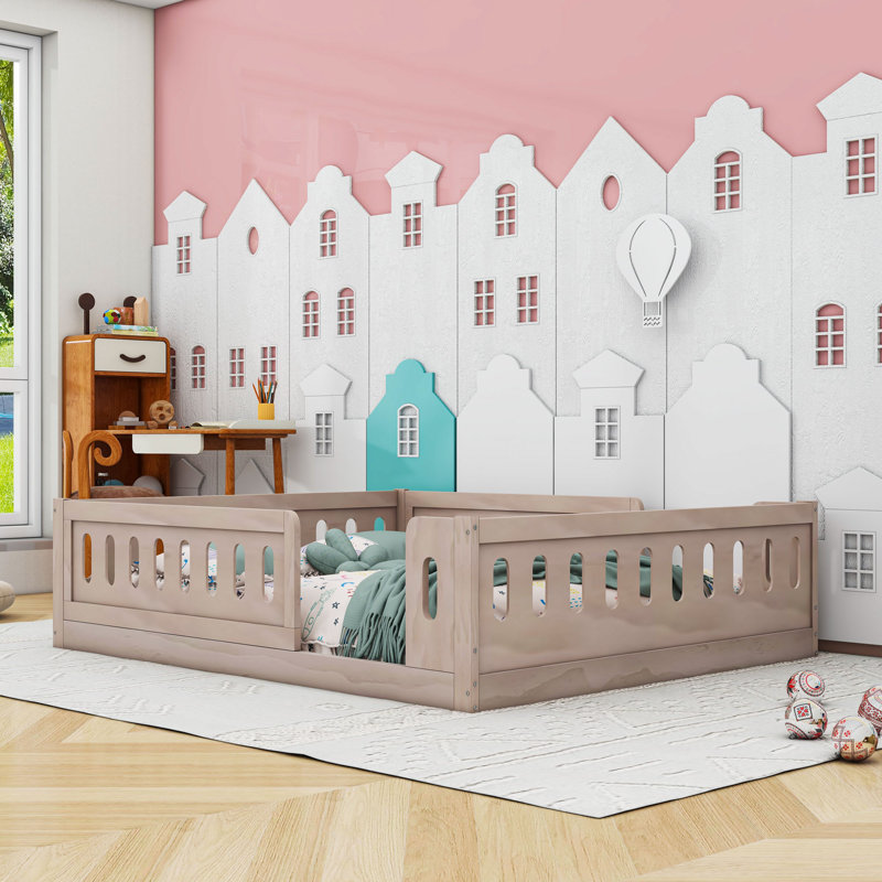 Full Size Wooden Floor Bed With Semi-Enclosed Fence, Natural
