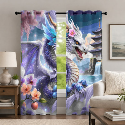 2Pcs Fantasy Dragon Printed Curtains, Oriental Style Window Panel, Vibrant Artistic Mythical Creature Pattern Grommet Drapes, Window Treatment for Bedroom Living Room Decor