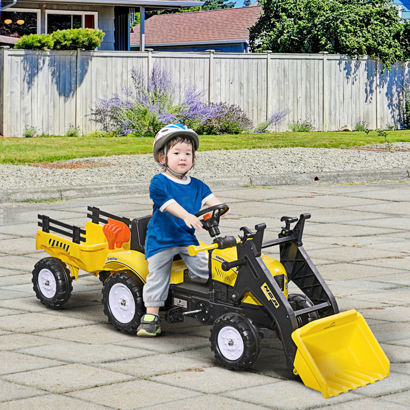 Yellow Pedal-Controlled Kids Ride-On Excavator with Trailer