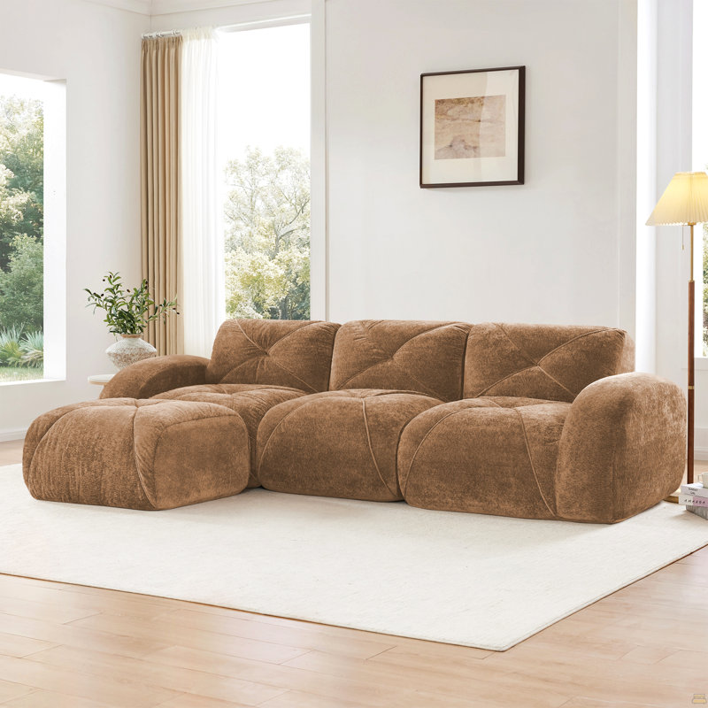 Canapé désossé en velours doux en forme de L, H 29,9 po x l 110,6 po x P 67,3 po, Chameau