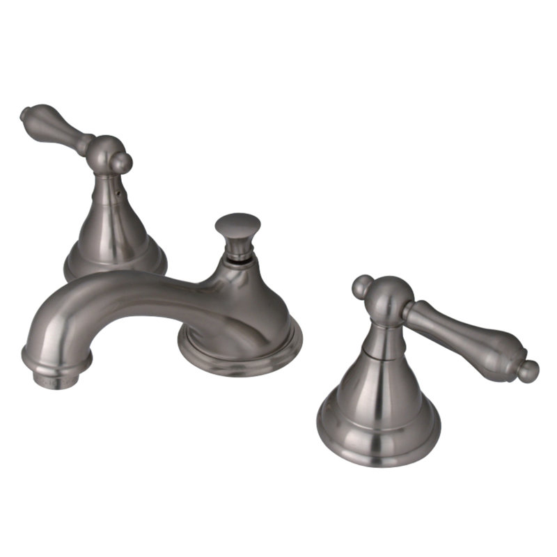 Kingston Brass Two-Handle 3-Hole Deck Mount Widespread Bathroom Faucet with Brass Pop-Up Drain, Brushed Nickel