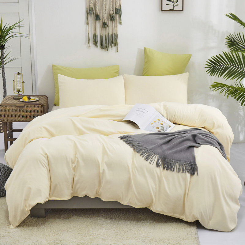 Solid Color Comforter Light Color 3 PCs Bedding Set Pure Color Bed Comforter Set, Light Yellow