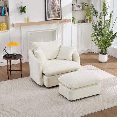 46" Chenille Upholstered Oversized Swivel Armchair With Ottoman