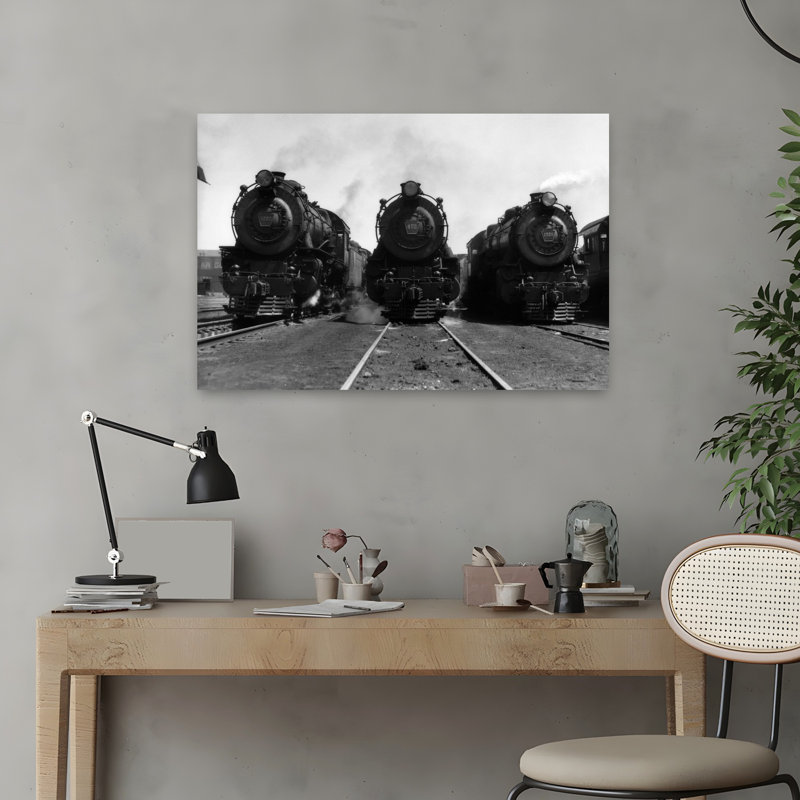 Années 1930, vue frontale de trois locomotive à vapeur sur des rails, art rétro rétro classique, H 16 po x l 24 po
