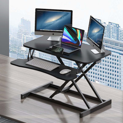 Station de travail noire à hauteur réglable de 32 pouces avec poste de travail assis-debout, double moniteur et station de travail universelle pour ordinateur portable avec large plateau à clavier