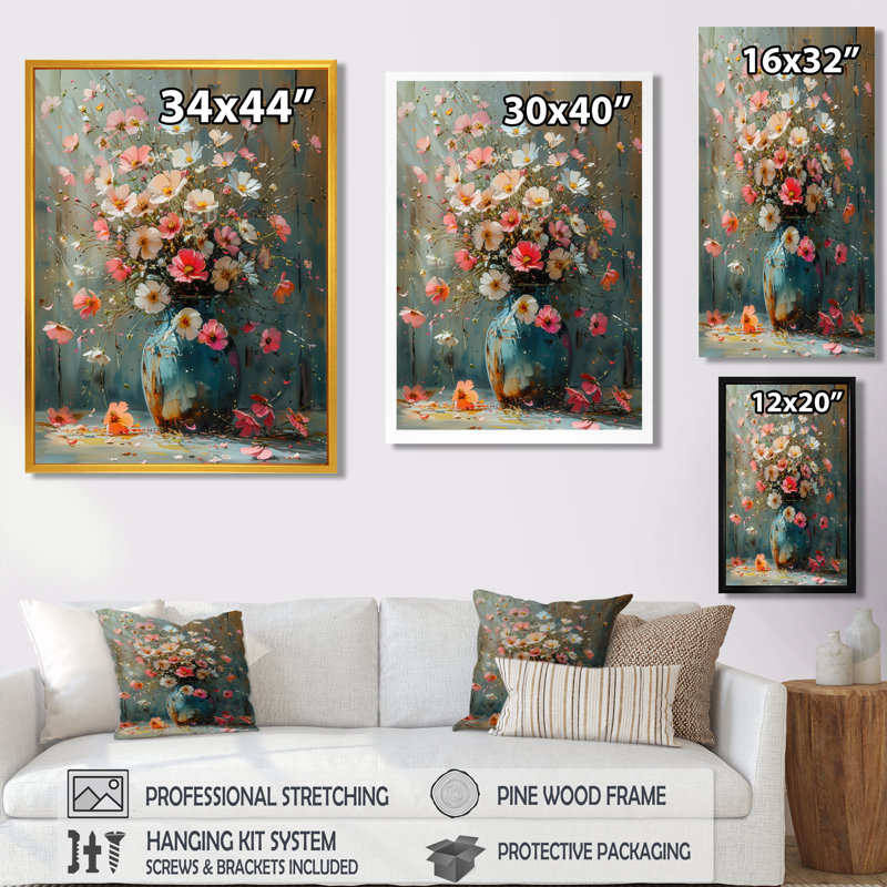 Rose et blanc, bouquet d'or dans un vase III - Buttercups, impression d'art mural, Toile avec cadre flottant brun