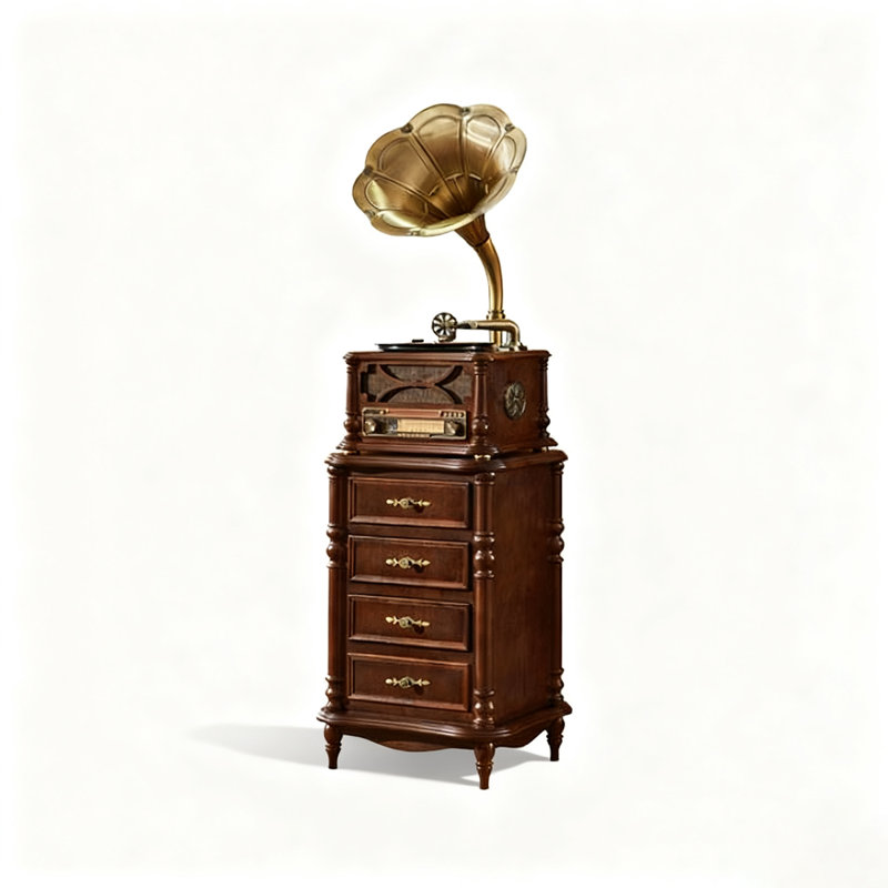 Tourne-disque rétro à Gramophone en bois massif avec tiroirs - Décor audio de salon de style américain
