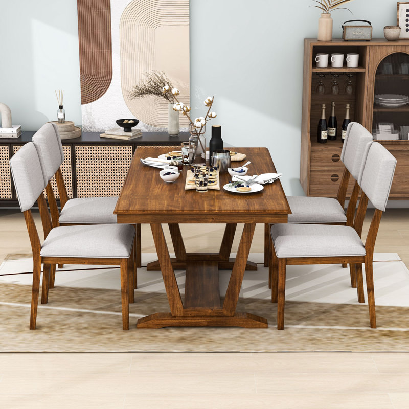 5-Piece Dining Table Set, Rectangular Dining Table and 4 Linen Upholstered Chairs, Walnut