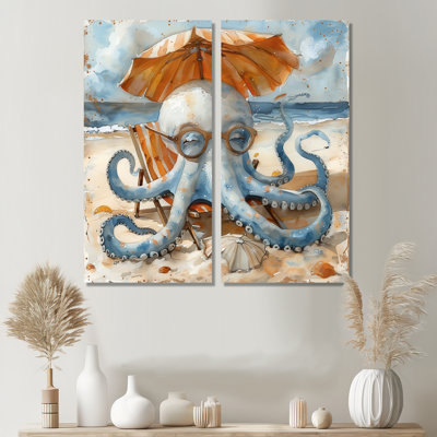 Octopus On The Beach In Hawaii II - Large Octopus/Squid Animal Wall Art 2 Pieces