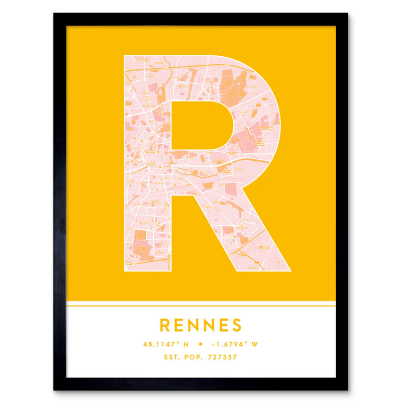 Rennes France City Map Yellow 1 Piece Single Picture Frame Wall Art