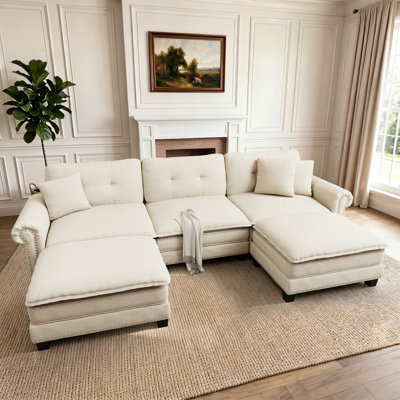 Canapé modulaire de 116 po avec 2 repose-pieds, siège surdimensionné en U profond d'aspect lin avec garniture cloutée