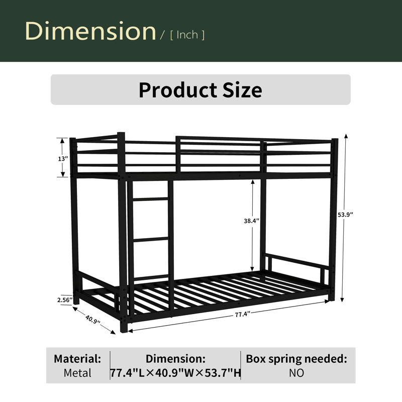 Metal Twin Over Twin Bunk Bed/ Heavy-Duty Sturdy Metal/ Noise Reduced/ Safety Guardrail/No Box Spring Needed, Black