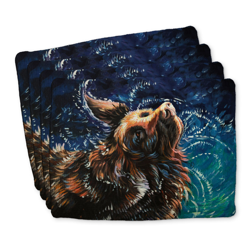 Ensemble de 4 napperons en polyester tressé - thème Golden Retriever mouillé