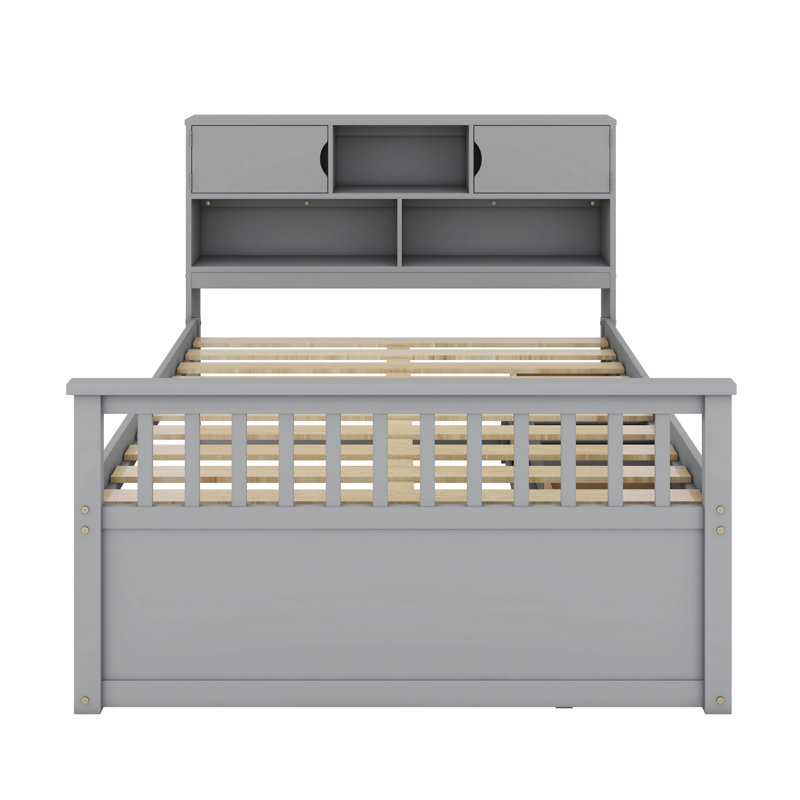 Base de lit plateforme pleine grandeur avec bibliothèque de rangement et tablettes, 4 tiroirs, gris