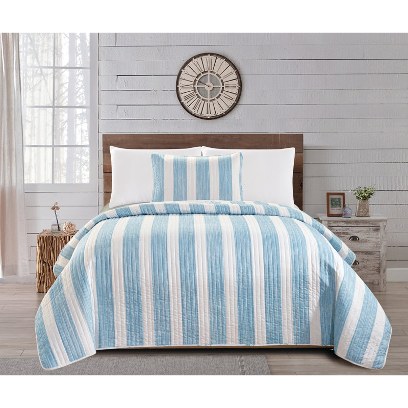 Casco Bay Blue Striped Reversible Full Microfiber Quilt Set