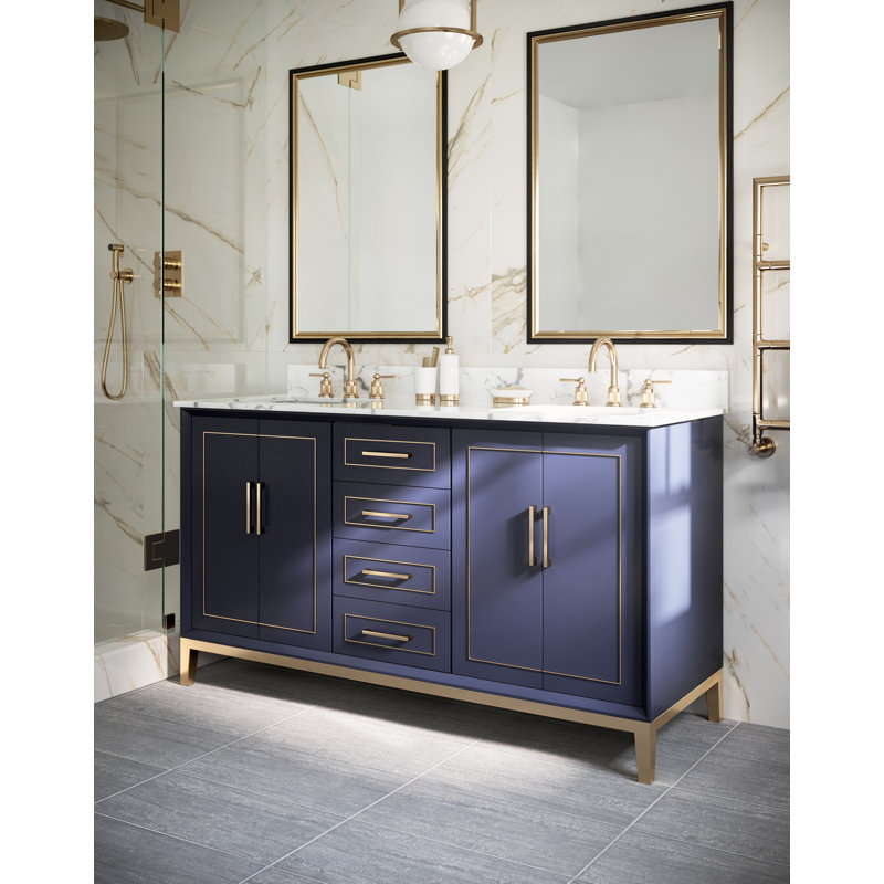 Gracie 60'' Double Bathroom Vanity with Top, Carrara Marble, Pacific Blue