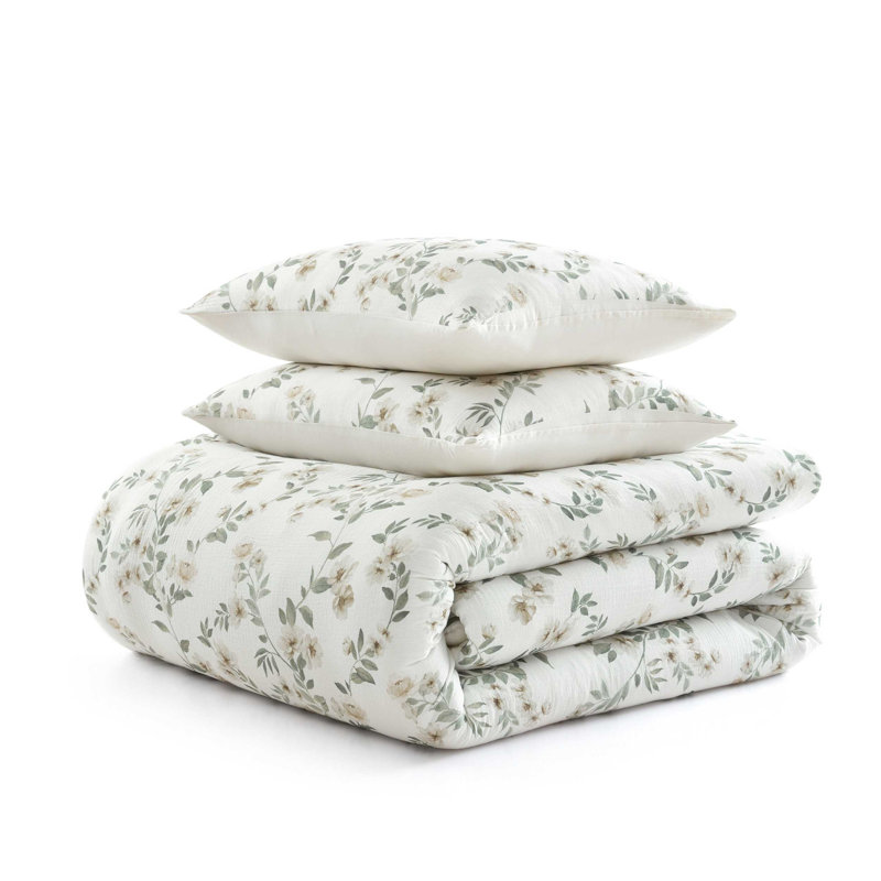 Martha Stewart Hazel Floral Beige Cotton Comforter Set, Queen Comforter + 2 Standard Shams, Beige Floral