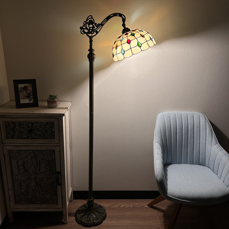 Lampe sur pied Jenison Tiffany en verre teinté doré avec queue de paon et col-de-cygne réglable l 20 po x P 12 po x H 63 po