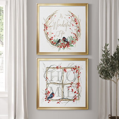 It's A Wonderful Life Bird Wreath - Natural History Print, Matted and Framed Under Acrylic Glass, Set of 2, Study and Living Room Wall Art