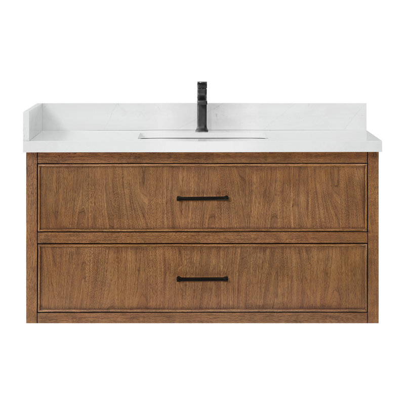 Meuble-lavabo mural simple Isola WM 48 po, fini noyer grillé, comptoir en quartz Giotto, lavabo carré encastré (1 trou), garniture noire mate