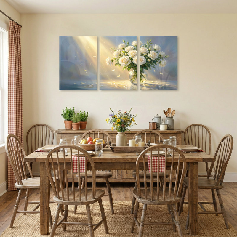 Plants & Flowers Sunlight Roses Vase Reflections Petals Light Background Art Set of 3 Canvas Wall Art Prints, 30" H x 60" W