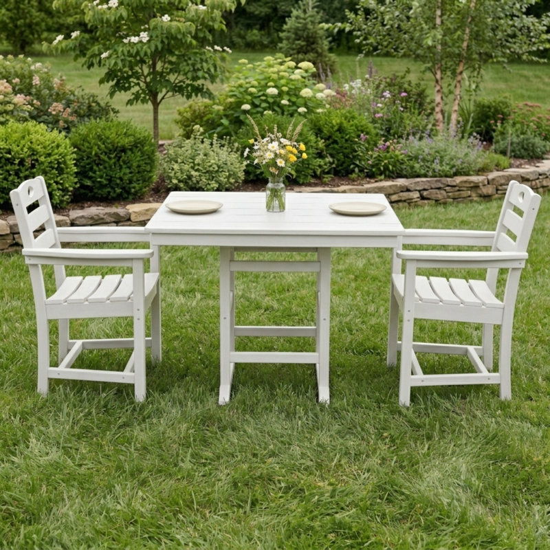 HDPE 3-Piece Outdoor Patio Dining Set With Square Table And 2 Armchairs, White