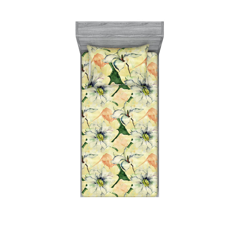 Drap-housse et taies décoratives 3 pièces Ambesonne, Gris et jaune / motif floral vert forêt